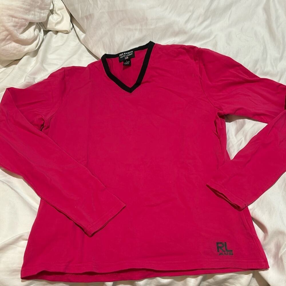 Polo Jeans Ralph Lauren L hot pink black trim v neck long sleeve t heavy euc